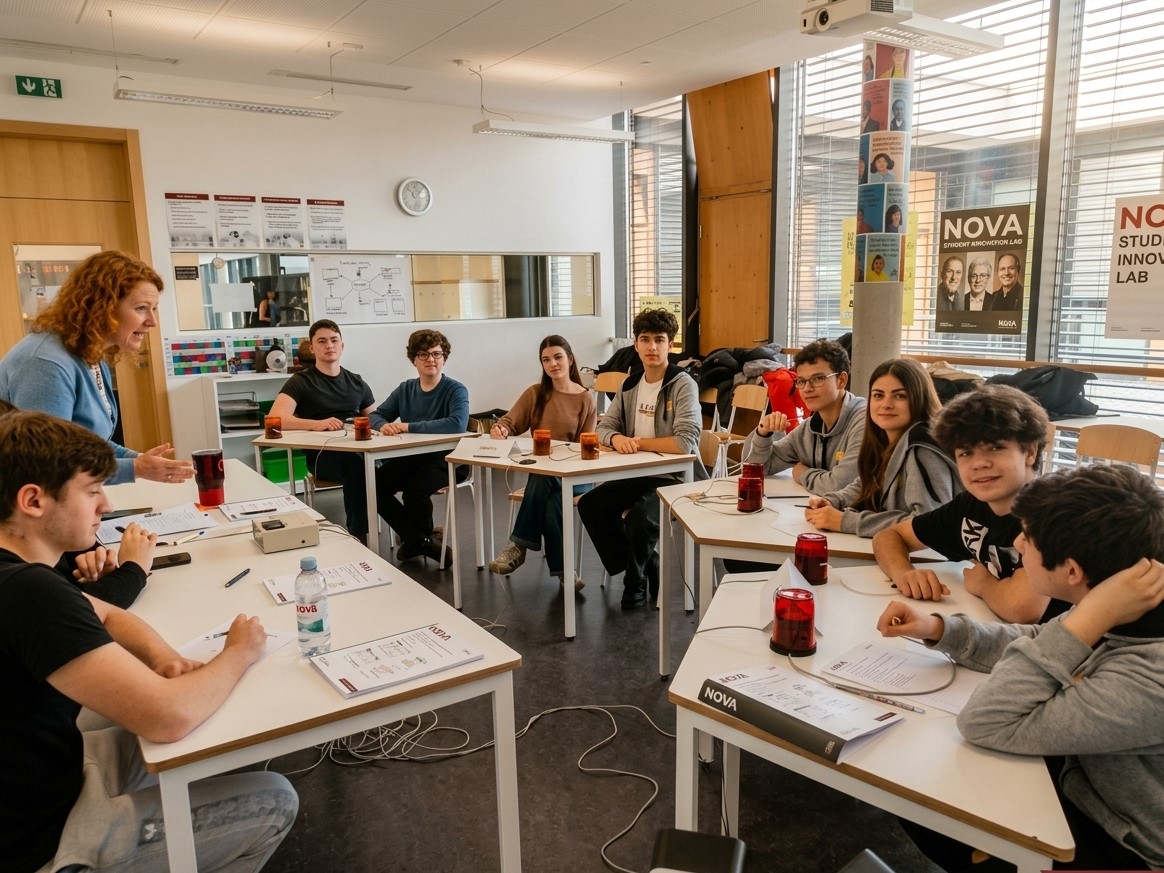 A group of students sits at white tables in a bright classroom, listening to a woman speaking in the foreground against a background of windows and posters.