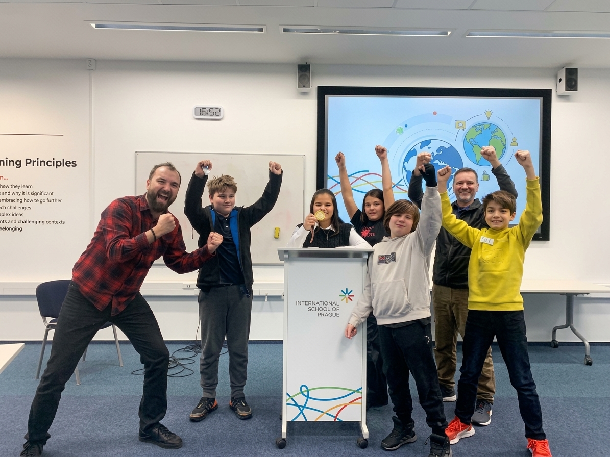 A group of cheering students and teachers stand behind a podium in a classroom with a digital screen and white walls.