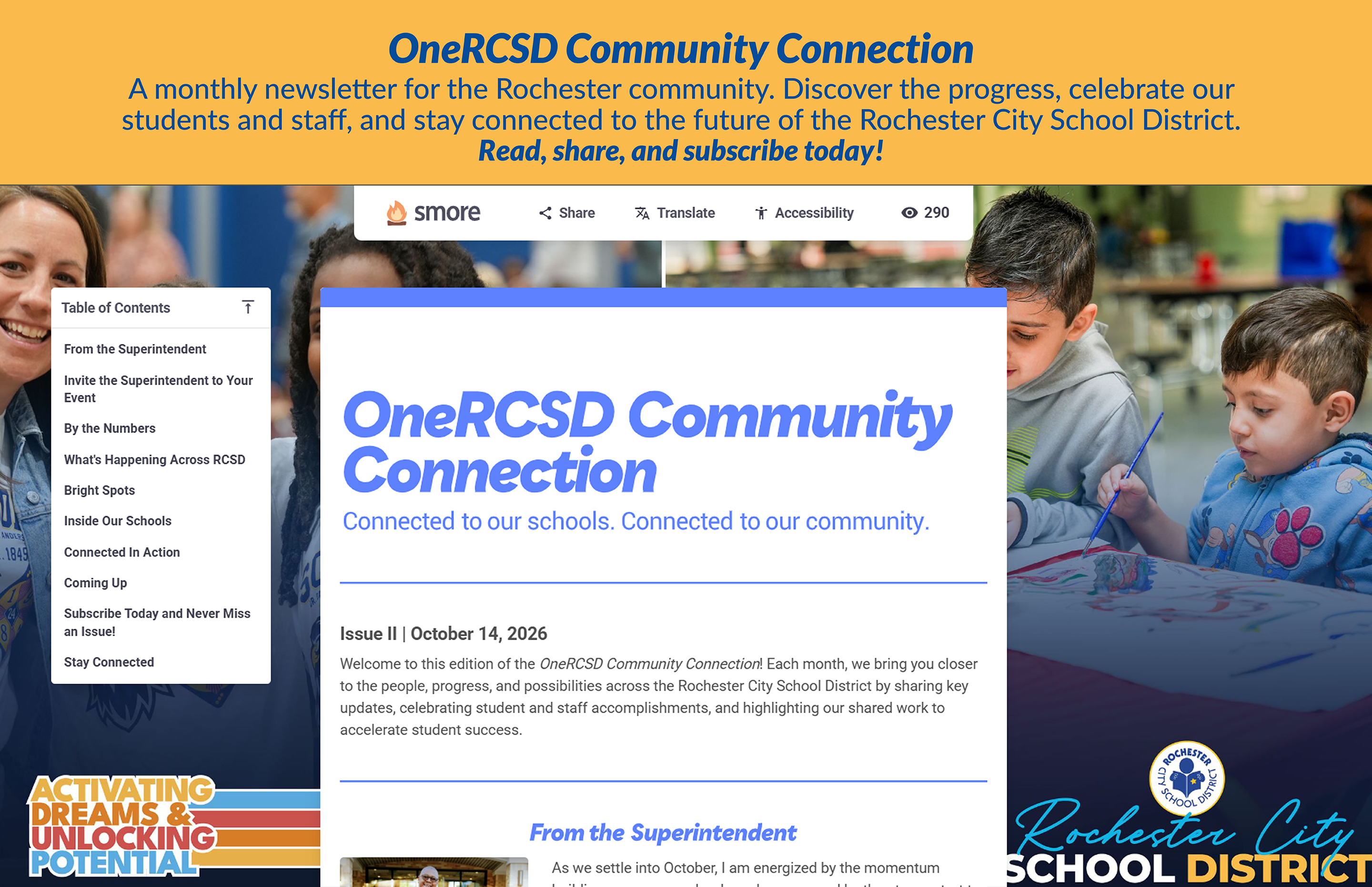 A digital Smore newsletter to provide updates to the community from Rochester City School District is displayed in the foreground, set against a yellow header and a background image of children in a classroom.