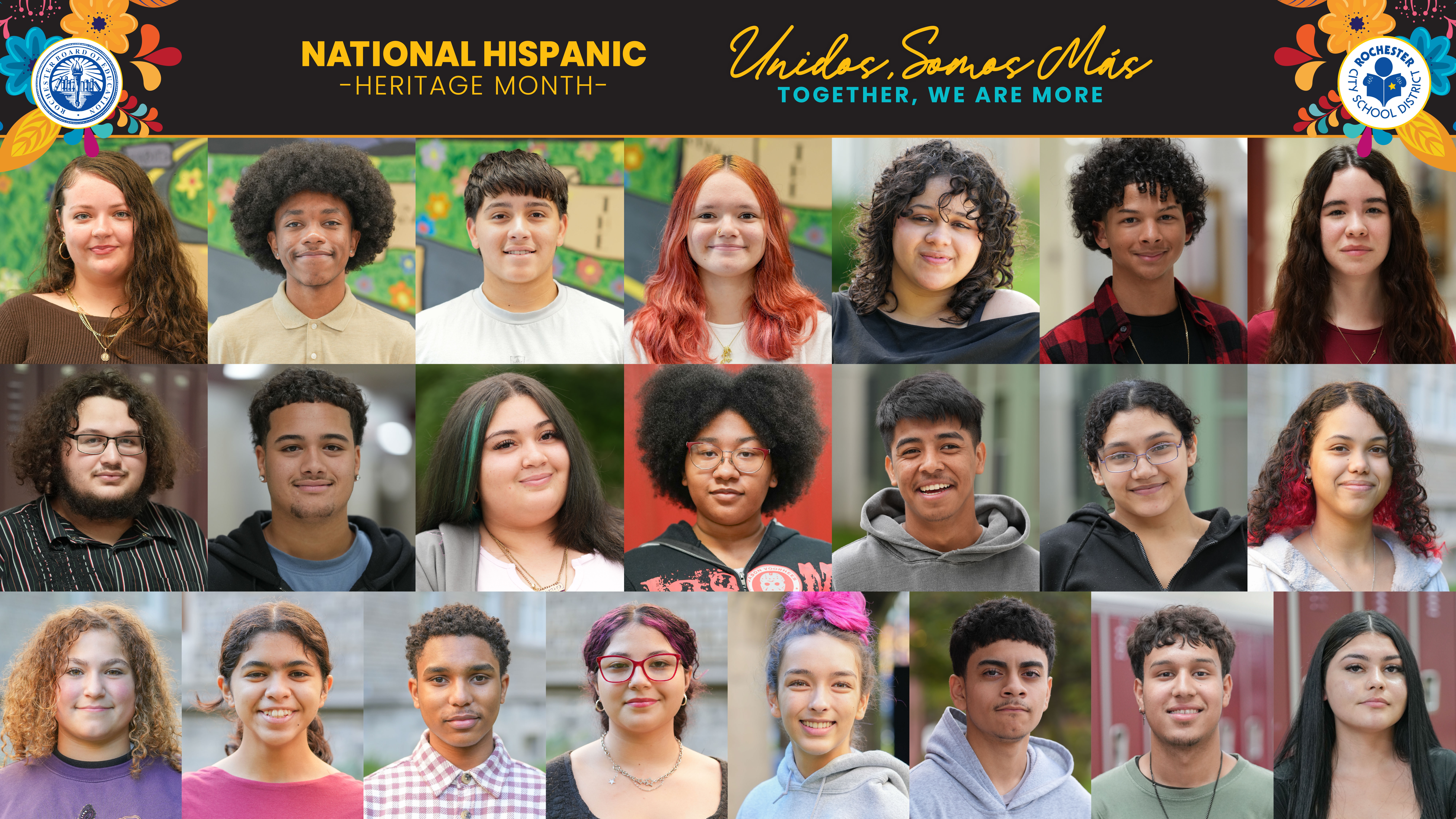 A grid of diverse young people's portraits is set against a black header featuring "National Hispanic Heritage Month" text and colorful floral accents.